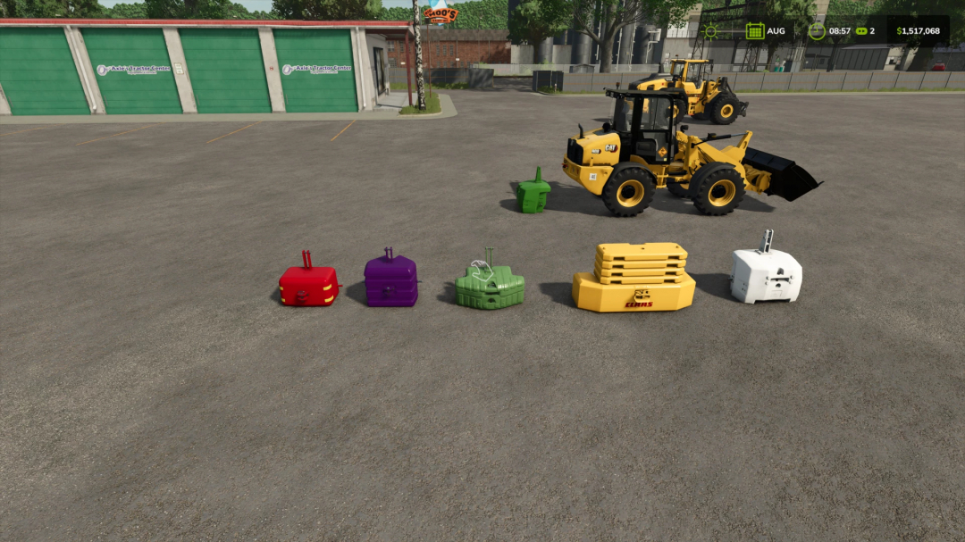 FS25 mod Lizard Weight Set v1.0.0.0 displayed by a vehicle, with various colored weights in a parking lot.