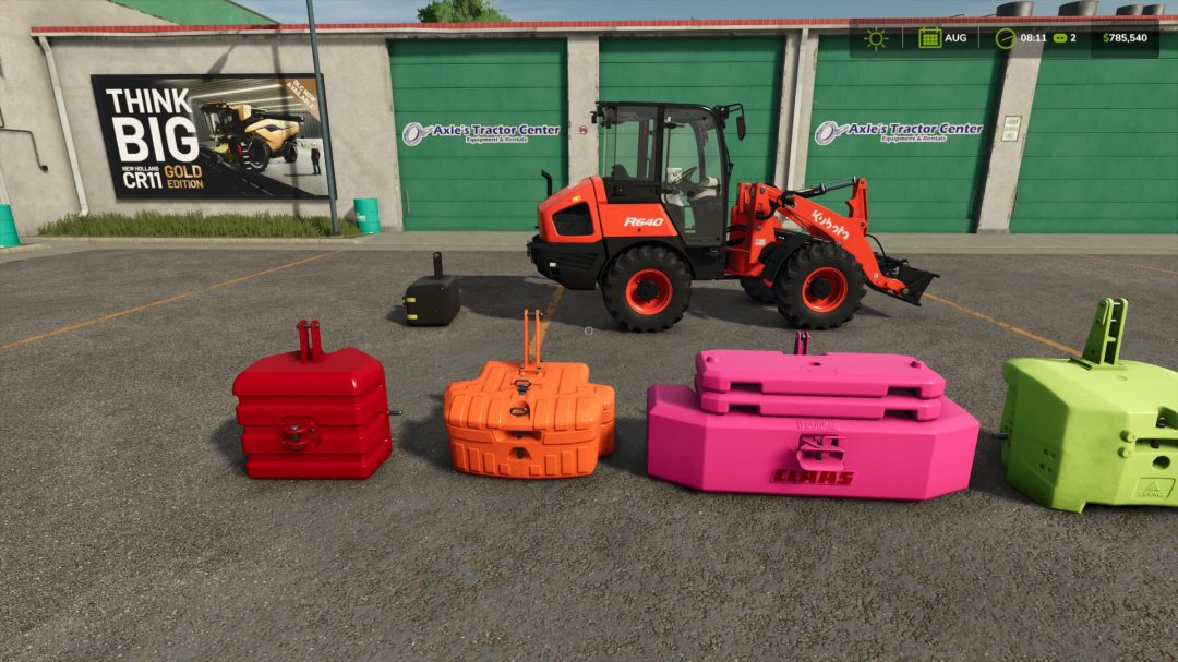 FS25 mod Lizard Weight Set v1.0.0.0 displayed with colorful tractor weights in a parking area.