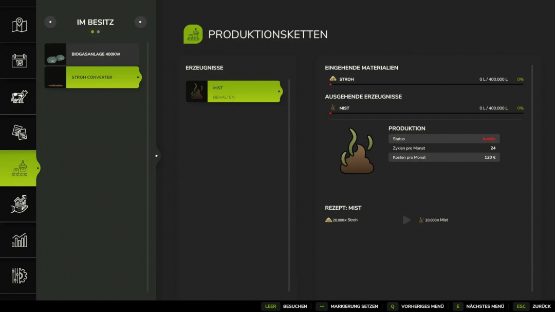 FS25 mod Manure Production v1.0.0.0 screen showing production chains with inactive status.