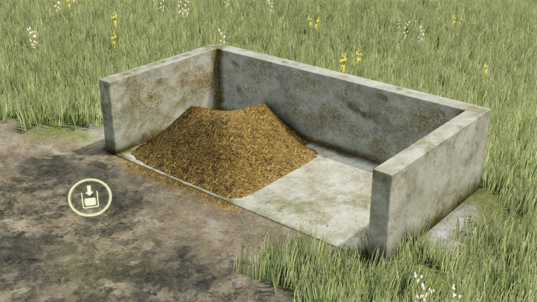 Manure storage area in FS25 mod Manure Storage v1.0.0.0, showing a concrete bin filled with manure, surrounded by grass.