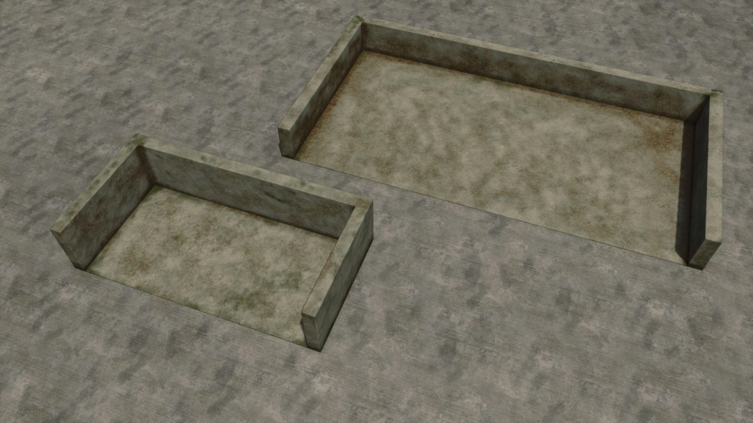 Concrete manure storage areas mod for FS25, showcasing two sizes on a textured ground.