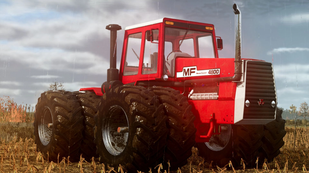 Massey Ferguson 4000 Series tractor in FS25 mod, depicted in a field under cloudy skies.