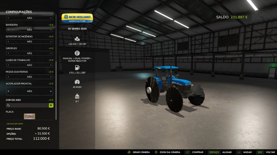 FS25 mods: New Holland 30 Series 2020 tractor in customization menu, displaying specifications and cost in Farming Simulator 25.