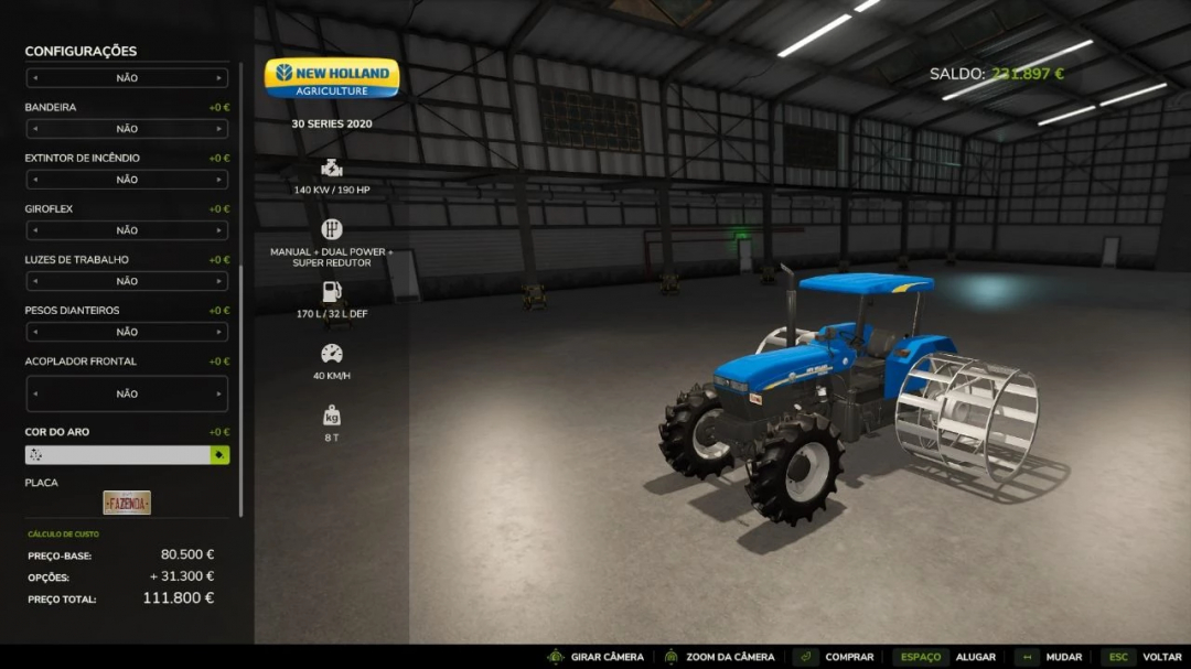 FS25 mod New Holland 30 Series 2020 in a virtual garage. Features include 140 kW and 190 HP. Ideal mod for Farming Simulator 25.