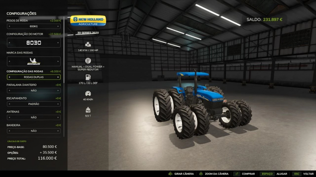 FS25 mod: New Holland 30 Series 2020 tractor in a garage, showcasing dual tires and configurations.