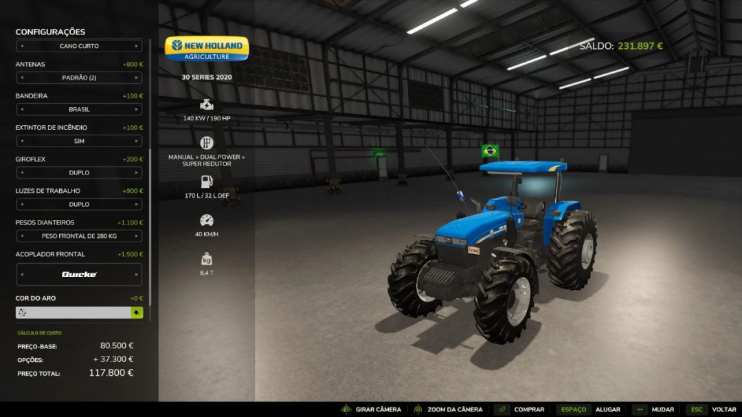 New Holland 30 Series 2020 v1.0.1.0 mod in FS25, showcasing a blue tractor with configuration options in a virtual garage.