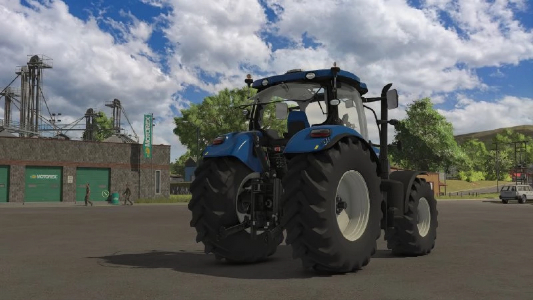 New Holland T7 2011 tractor mod for FS25 in farmyard setting.