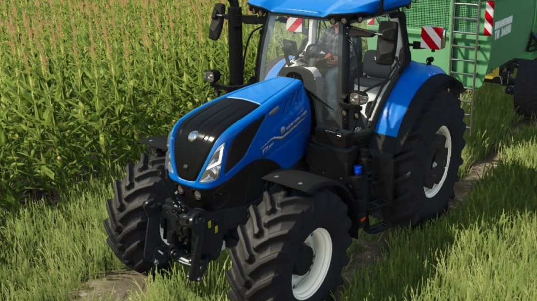 New Holland T7 tractor mod in Farming Simulator 25, featuring Open Pipe Sound. The tractor is shown in a field.