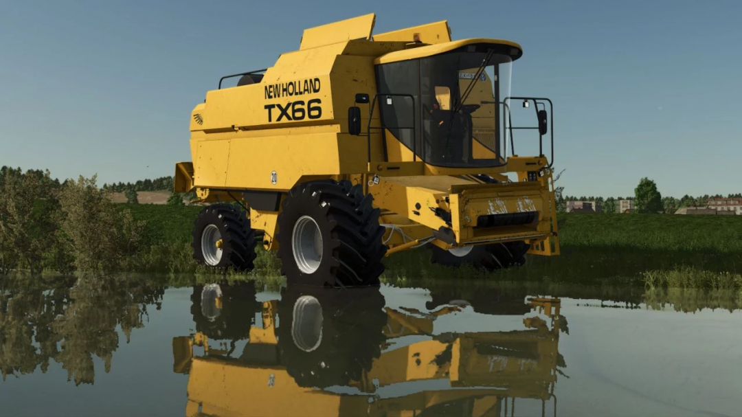 New Holland TX66 harvester mod in FS25, reflecting in water.