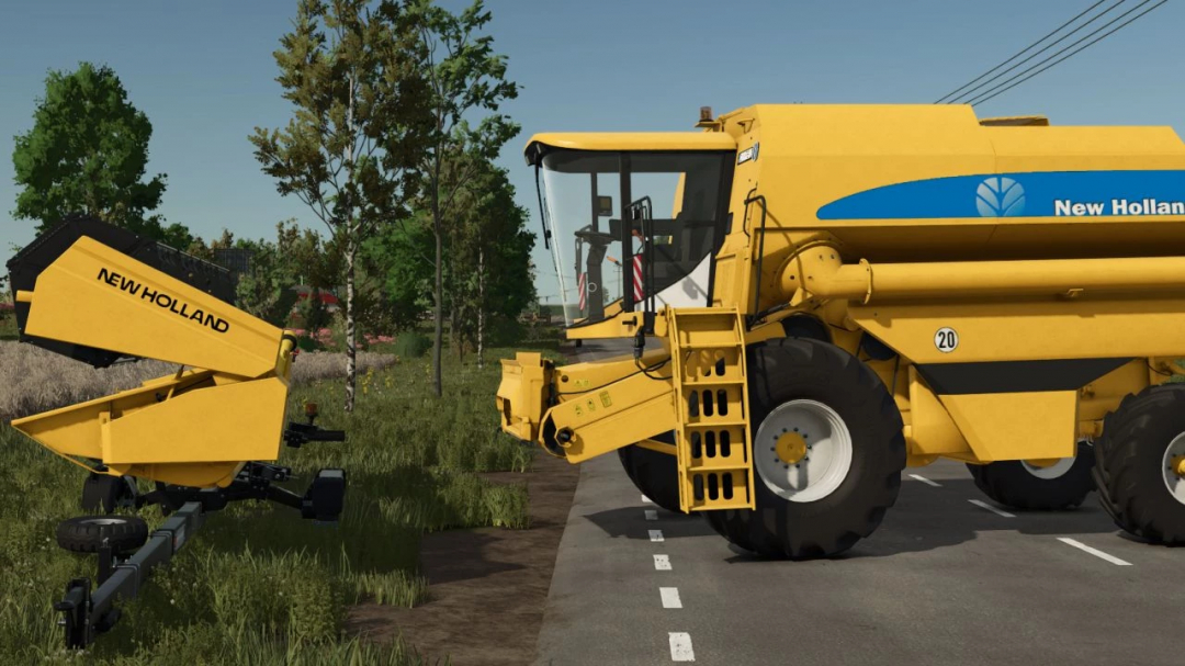 New Holland TX 66 harvester mod for FS25 in a rural setting.