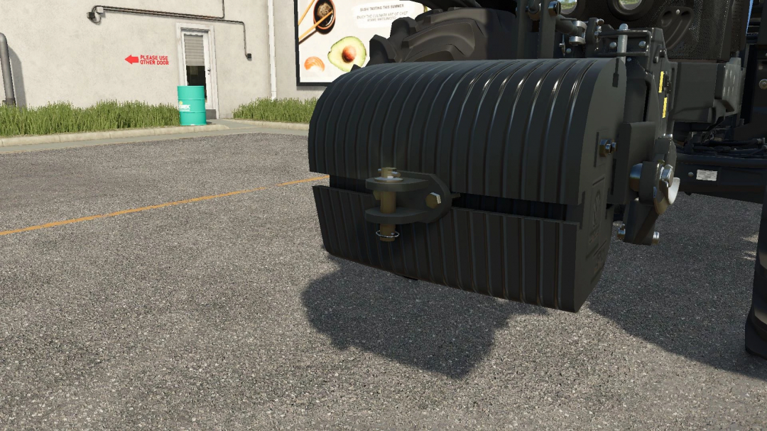 New Holland Weight mod for FS25 in a parking lot, showcasing tractor weight attachment.