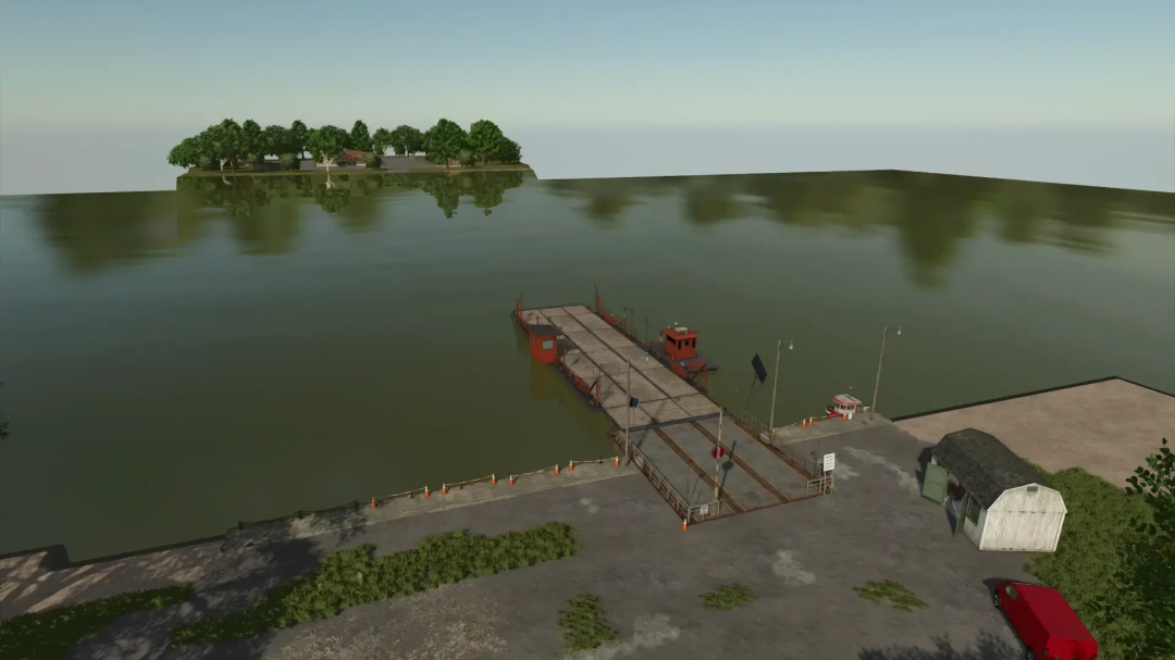 FS25 mod Norddeutsche Insel v1.0.0.0 with a pier and ferry in a tranquil water setting.