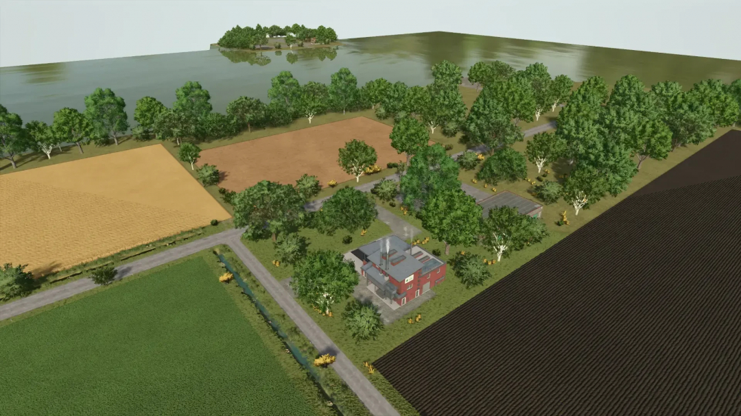 Aerial view of Norddeutsche Insel in FS25, featuring diverse fields, a farmhouse, and surrounding forests.