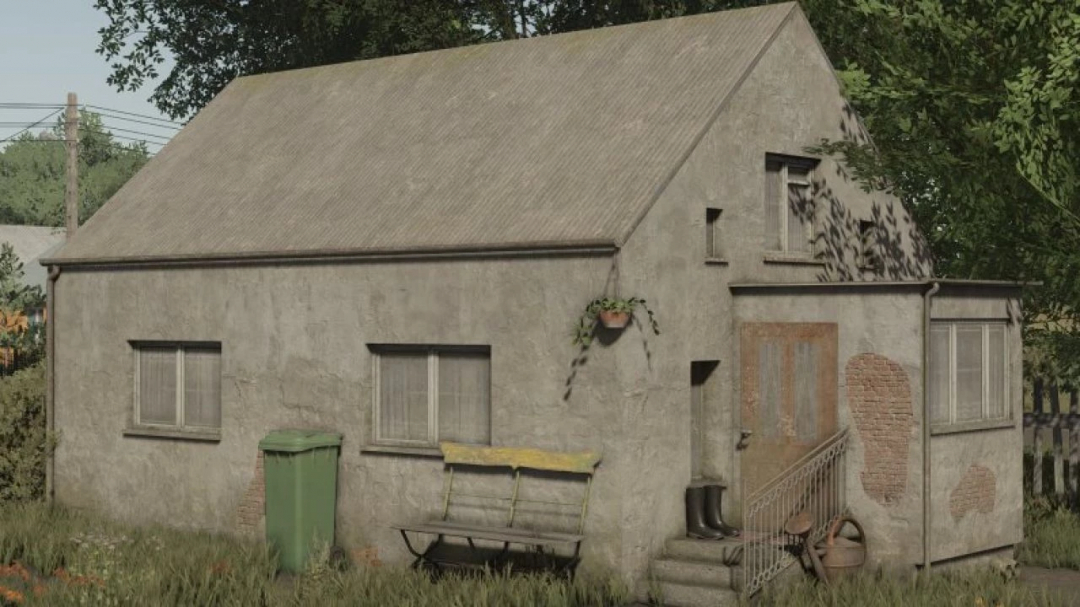 Old Polish house mod in FS25, featuring a rustic, weathered exterior with a bench, trash bin, and boots by the door.