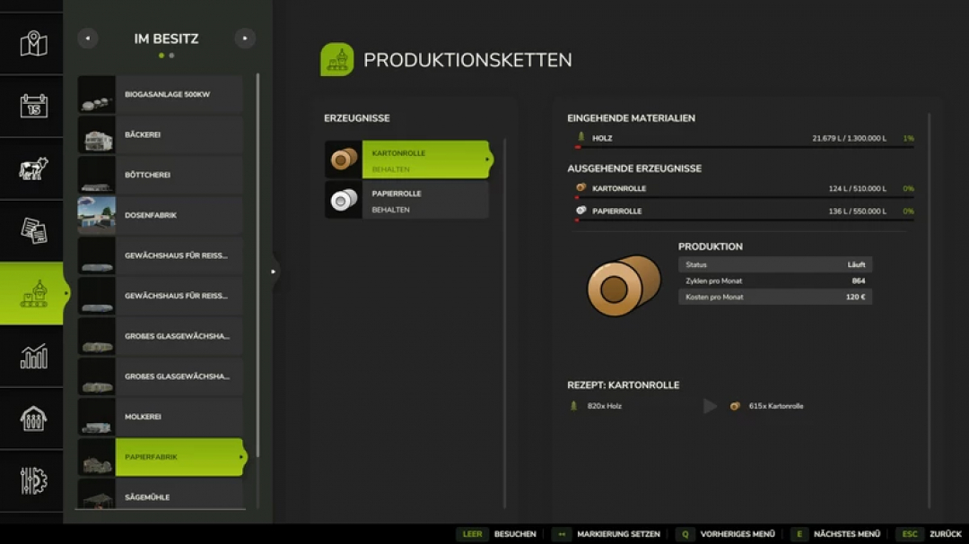 FS25 mod interface showing the Paper Factory production chain, including input materials and products like cardboard and paper rolls.