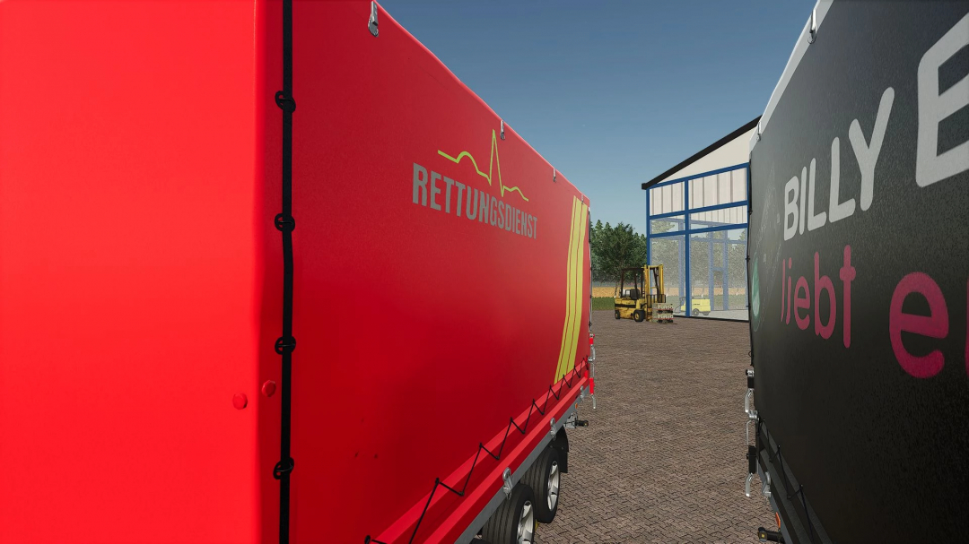 FS25 mod Police trailer deployment v1.0.0.0 showing red and black trailers next to a warehouse.