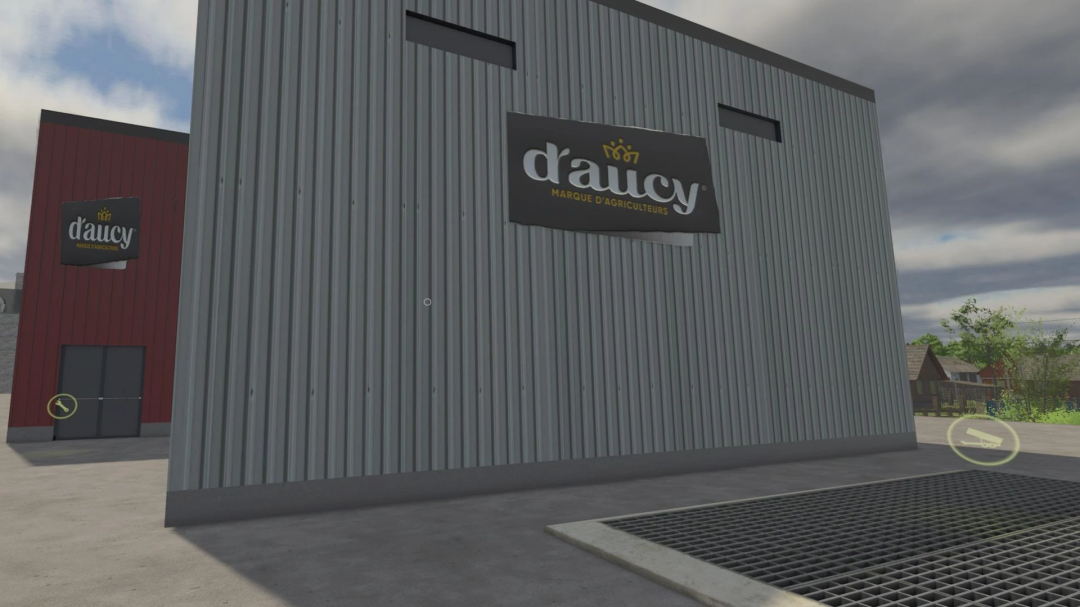 Exterior of a can production facility in FS25, featuring a 'd'aucy' sign.