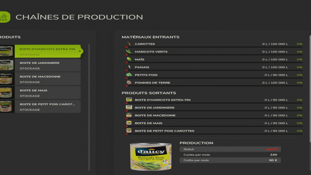 FS25 mod Production of cans menu showing input materials and product storage options.