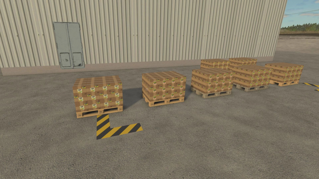 FS25 mod Production of cans v1.0.0.0 showing pallets with canned goods outside a warehouse.