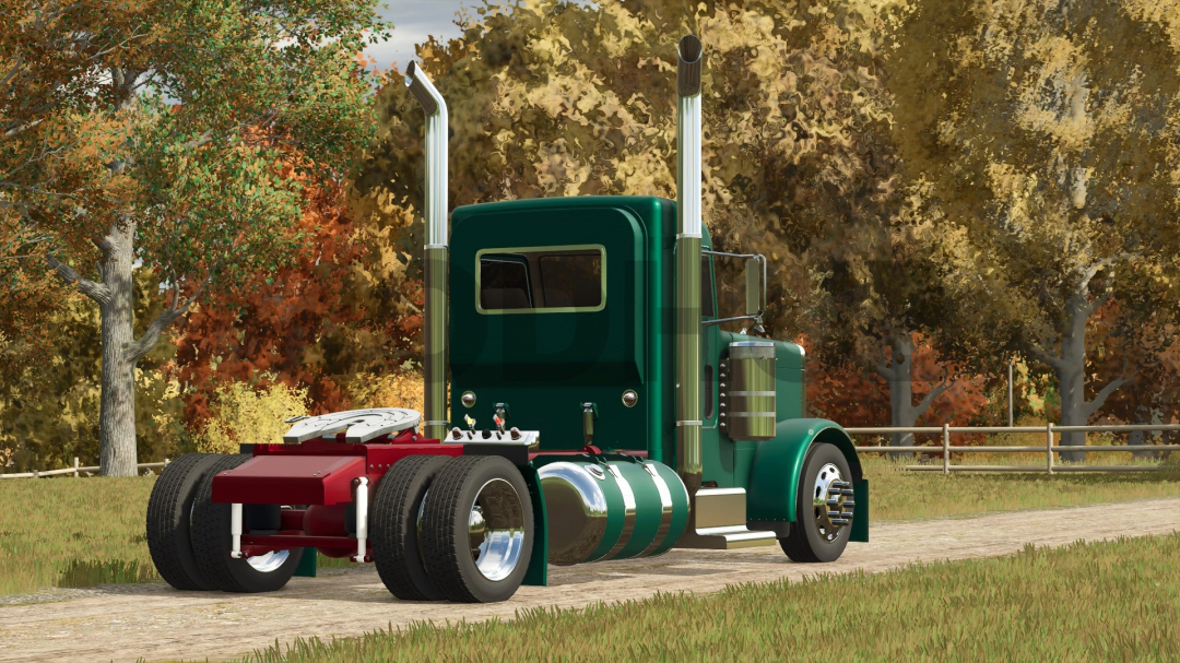 Green truck with chrome exhaust, Project Petebull v1.2.3.0 mod for FS25, parked on a dirt path amidst autumn trees.