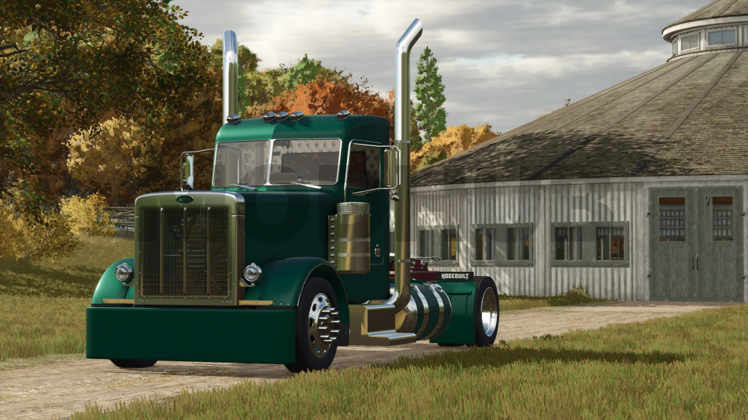 Project Petebull mod for FS25, showcasing a green truck near a barn in Farming Simulator 25.