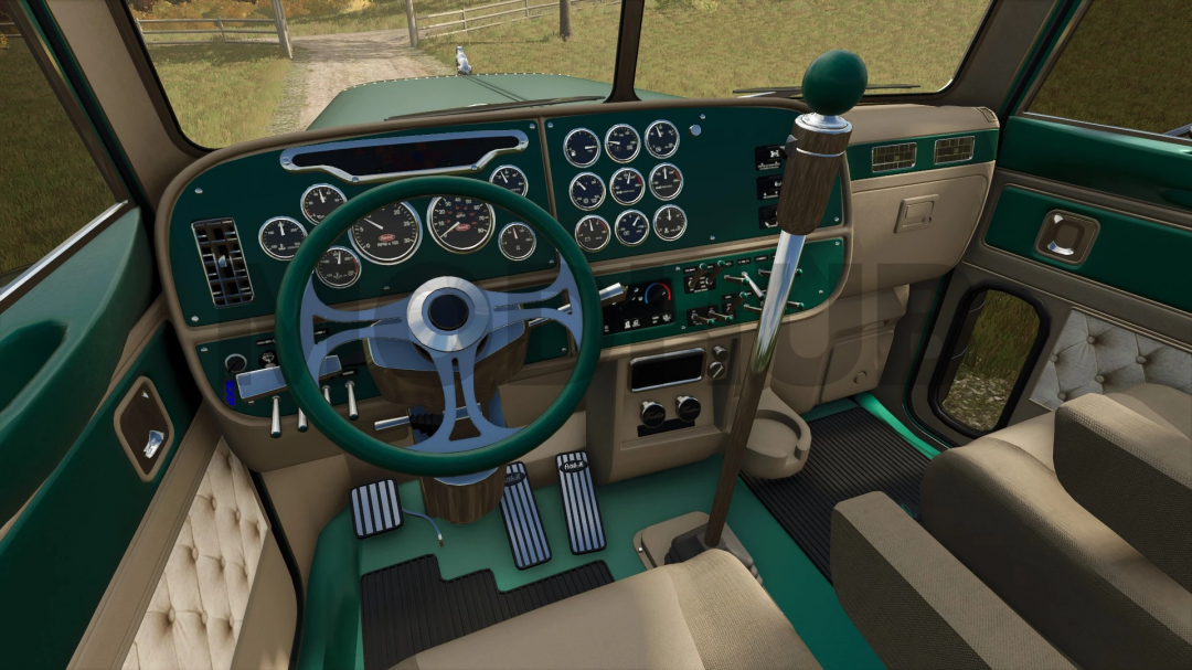 Interior view of Project Petebull v1.2.3.0 mod in FS25, showcasing a detailed dashboard and steering wheel.