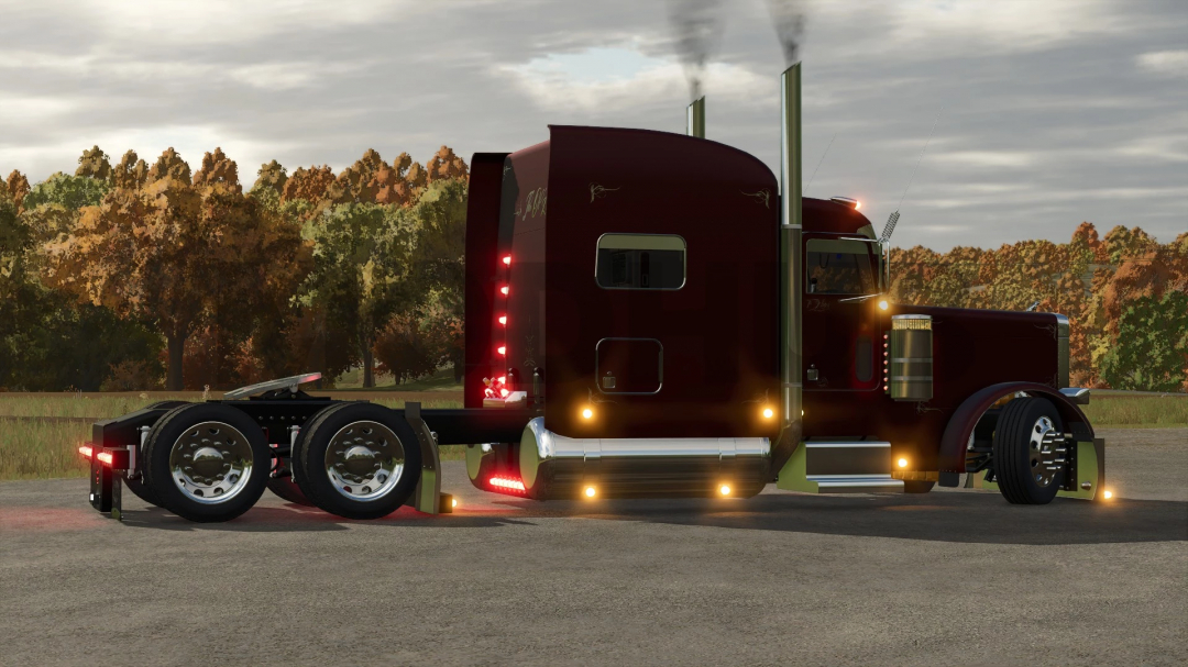 Side view of the Project Petebull truck mod in FS25, showcasing a sleek design with glowing lights.