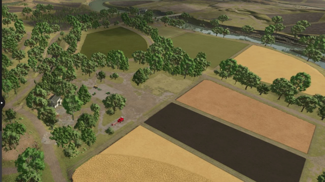 Aerial view of Riverbend Springs map in FS25 mods, featuring diverse fields and river landscape.