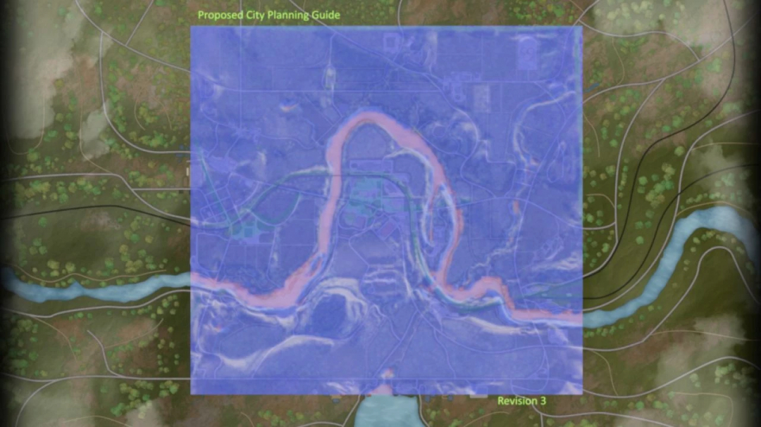 Map of Riverbend Springs Undone mod v1.0.0.3 in FS25, showing proposed city planning with river and terrain details.