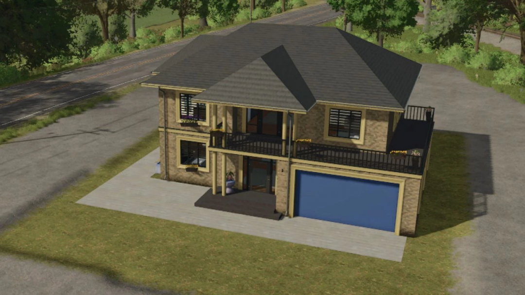 Single family home mod for Farming Simulator 25 showing a two-story house with a blue garage and balcony.