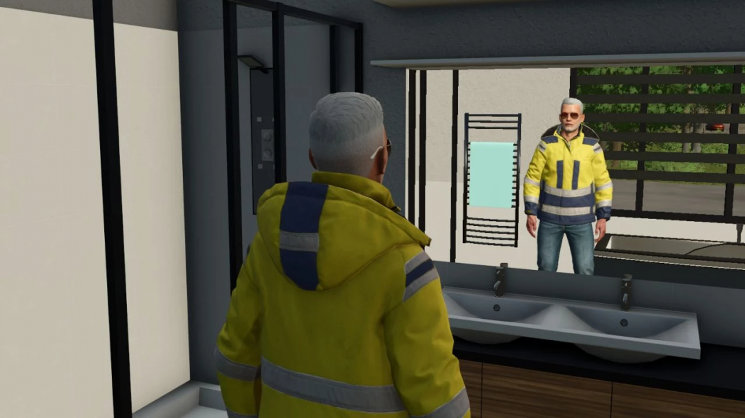 FS25 mod: Character in yellow jacket standing in a modern bathroom with mirror reflection, part of Single family home v1.0.0.0.