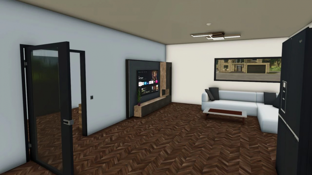 Modern living room in FS25 Single Family Home mod with TV, sofa, and wooden floor.