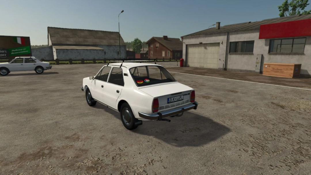 Skoda 105L v1.0.0.0 mod for FS25, showcasing a vintage white car in a farm setting.