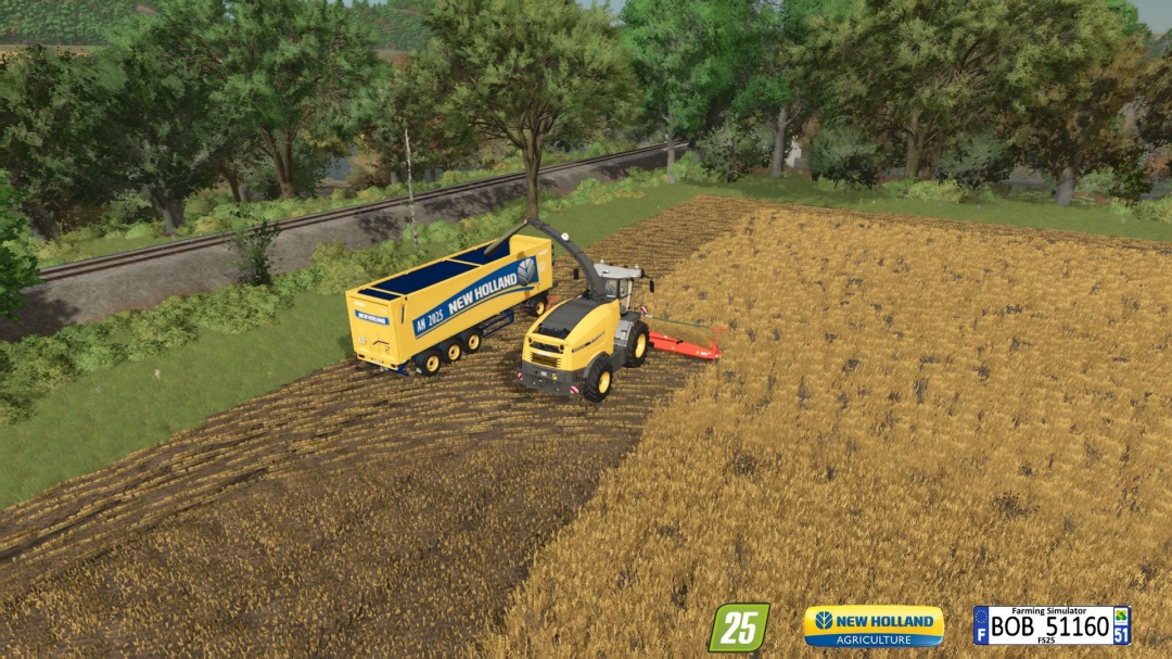 FS25 mod Sks 30/150 New Holland harvester working in a wheat field.