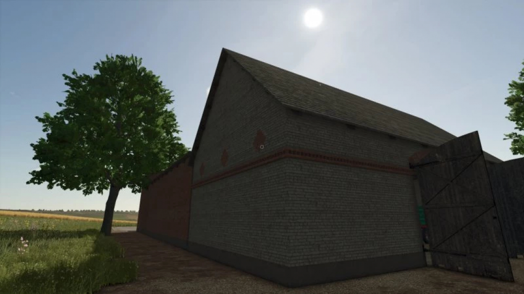 FS25 mod, Small Building With Garage v1.0.0.0: brick structure with open wooden doors under clear sky.