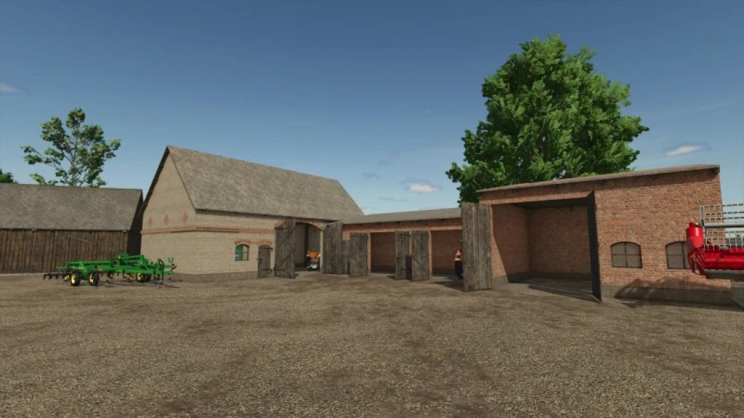 Small brick building with garage in Farming Simulator 25 mod. Features open barn doors and farming equipment.