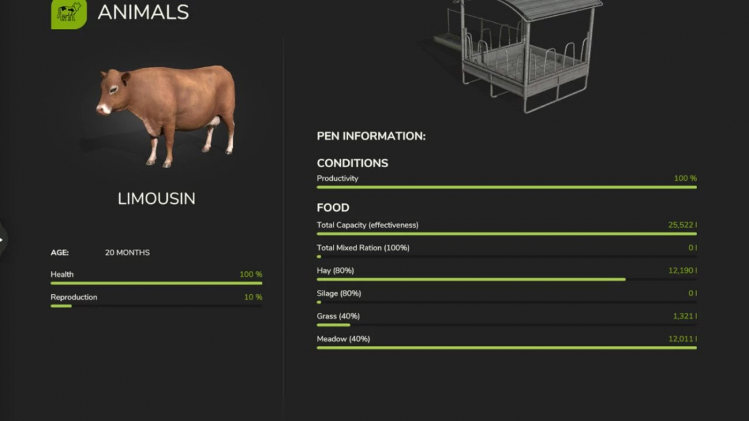 FS25 mod Small Cow Pasture AUTOWATER UI showing Limousin cow stats: health 100%, reproduction 10%, productivity 100%, food details.