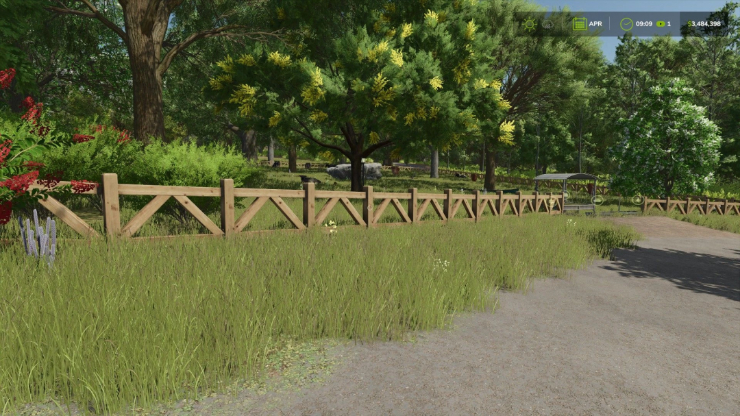 Small cow pasture with wooden fences and trees in FS25 mod AUTOWATER v1.0.0.0.