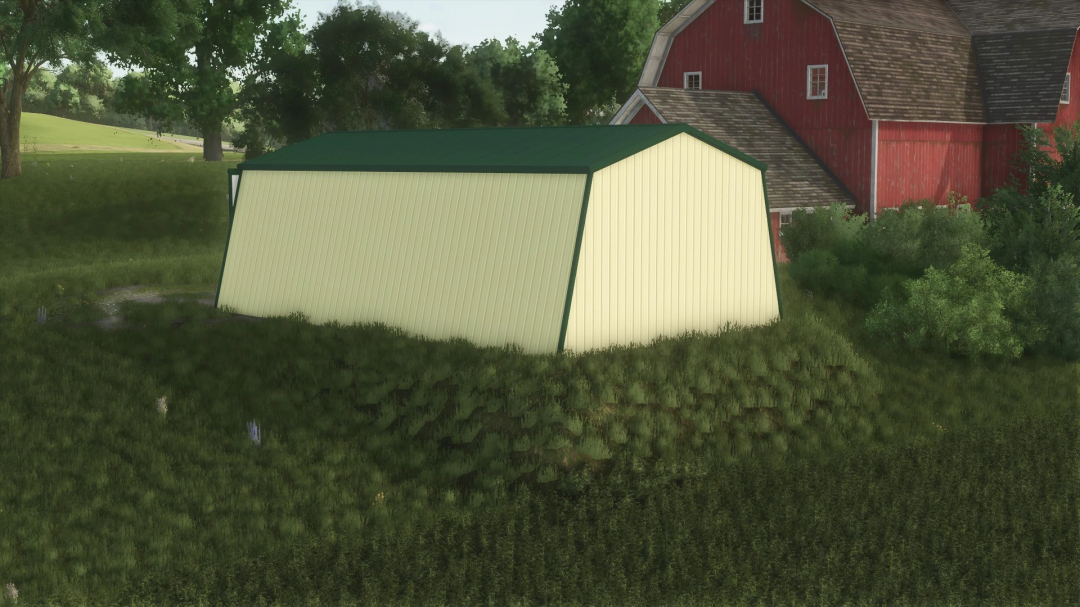 Small Lean Shed mod in FS25 next to red barn, surrounded by greenery.