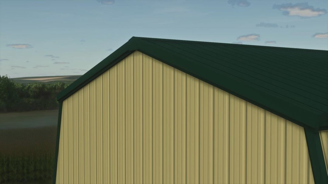 Side view of Small Lean Shed mod in FS25, featuring a green roof on a beige structure.