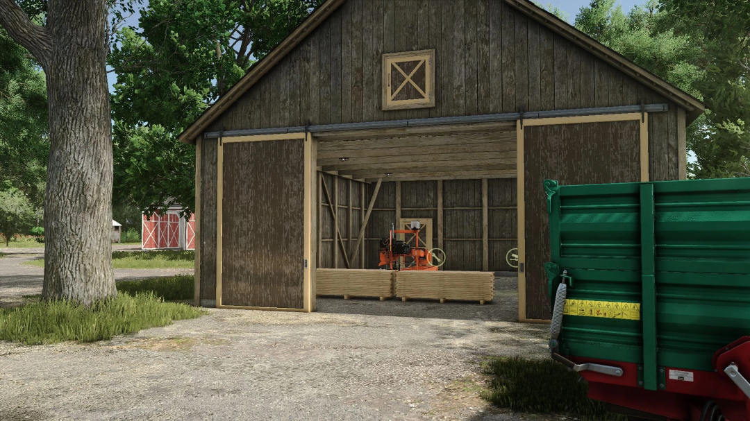 FS25 mod Small Production No Shed v1.0.0.0 with an open wooden shed storing machinery and logs, enhancing farm operations.