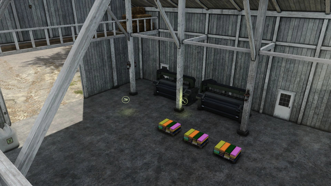 Interior view of a barn with machinery and stacks of colorful packages, part of the FS25 mod Small Production No Shed.