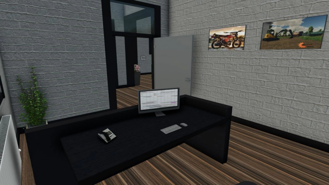 FS25 mod Sons Of Suhl v1.0.0.0 office with desk, computer, and wall art.