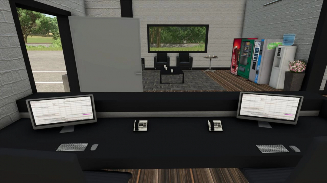 FS25 mod Sons Of Suhl v1.0.0.0 office interior with desks, computers, vending machines, and a sitting area.