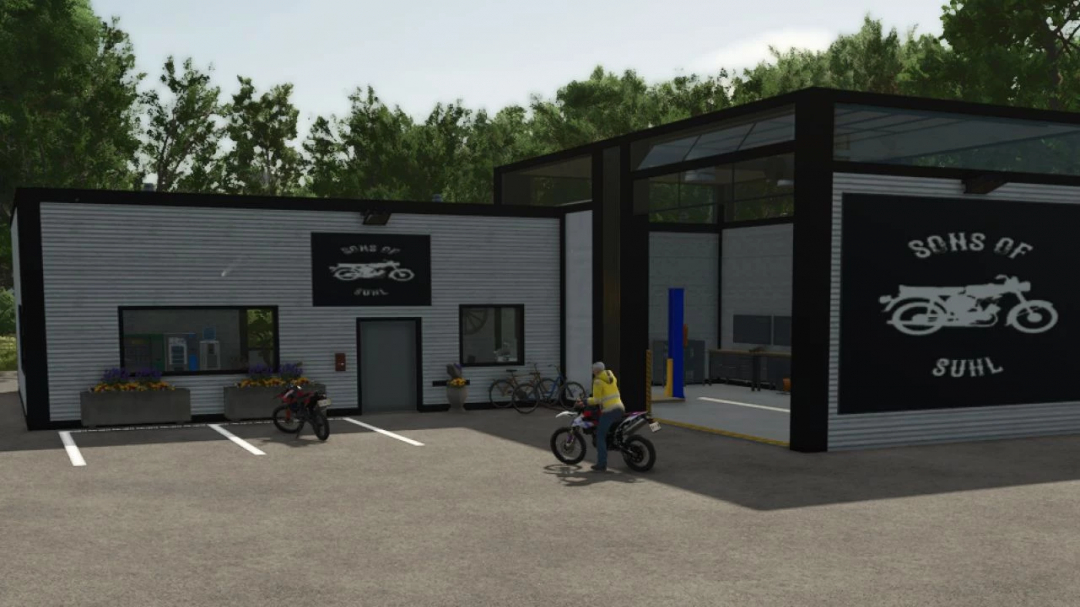 FS25 Sons Of Suhl mod v1.0.0.0 featuring a modern garage with motorcycles and logo.