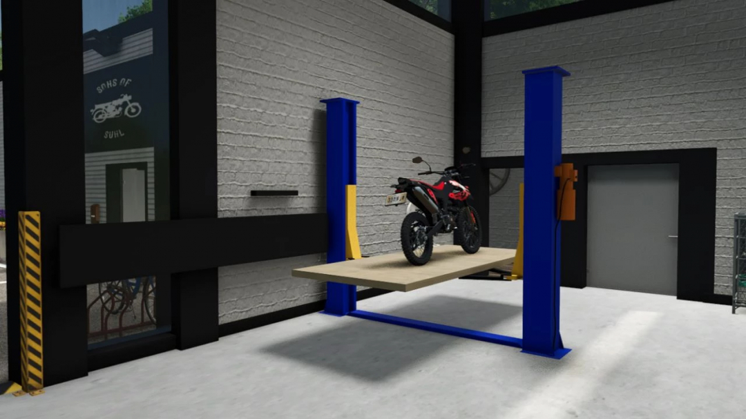 Motorcycle on lift inside garage in FS25 mod Sons Of Suhl.