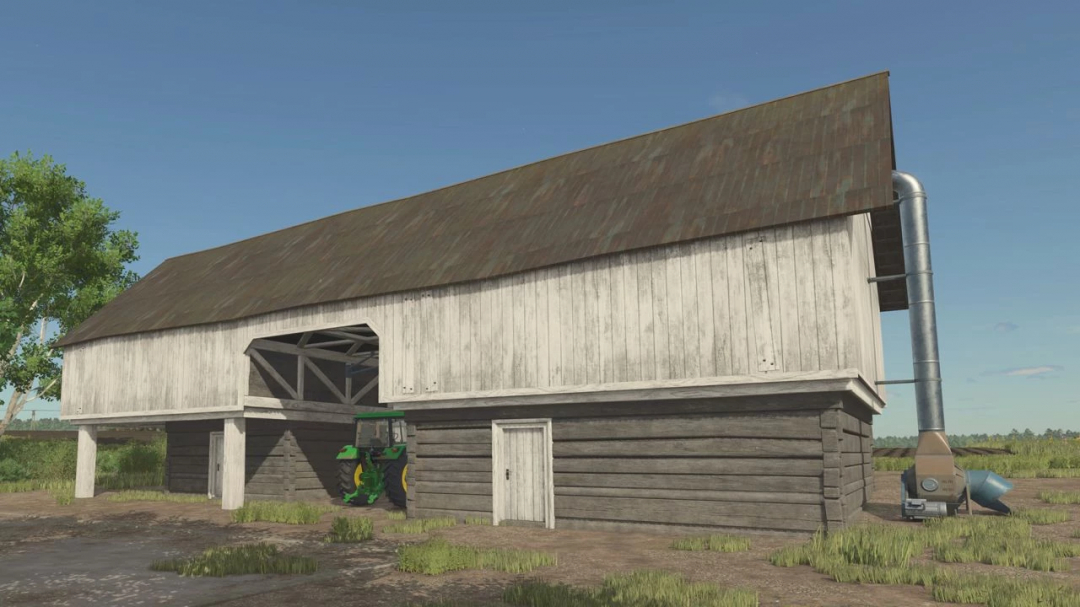 The Updated Hayloft v1.0.0.1 mod for FS25, featuring a rustic wooden structure with a tractor underneath.