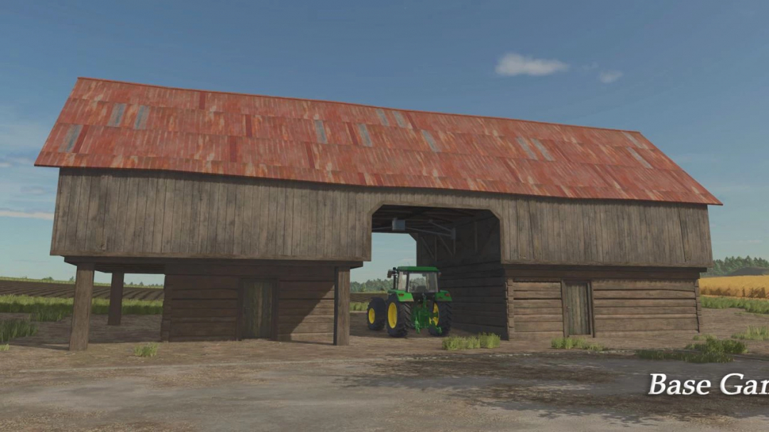 FS25 mod The Updated Hayloft v1.0.0.1 features a rustic barn with a tractor inside, enhancing Farming Simulator 25 gameplay.