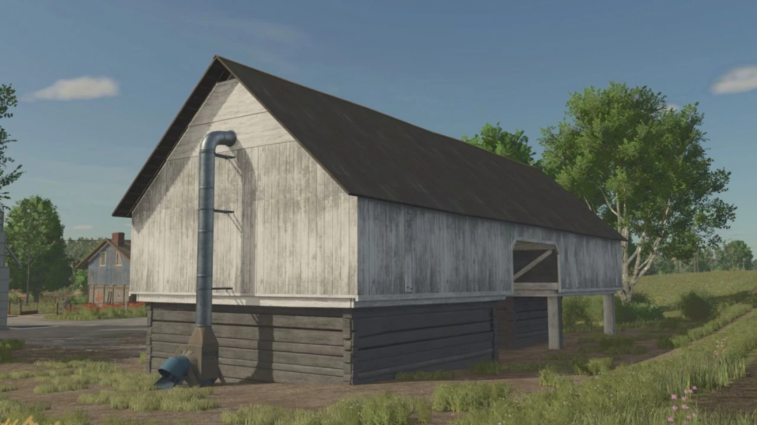 Updated Hayloft mod in FS25, featuring a large wooden barn with a pipe system, set in a rural landscape.