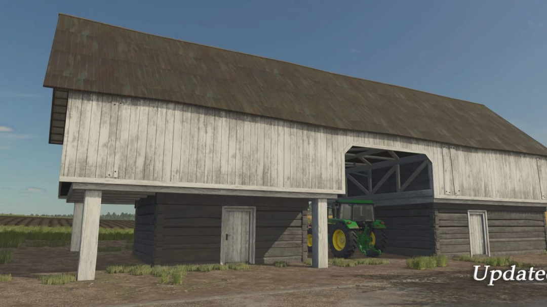 FS25 mod The Updated Hayloft v1.0.0.1 showcasing a rustic wooden barn with tractor inside, for Farming Simulator 25.